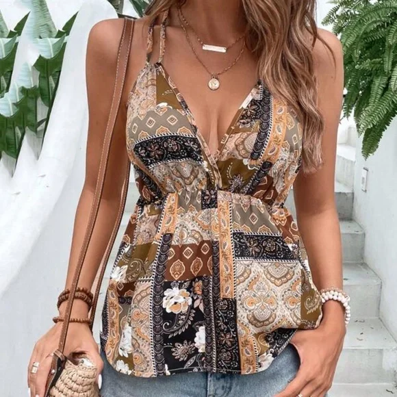 011 Floral Paisley print Plunging Neck Cami Top - Picture 1 of 4